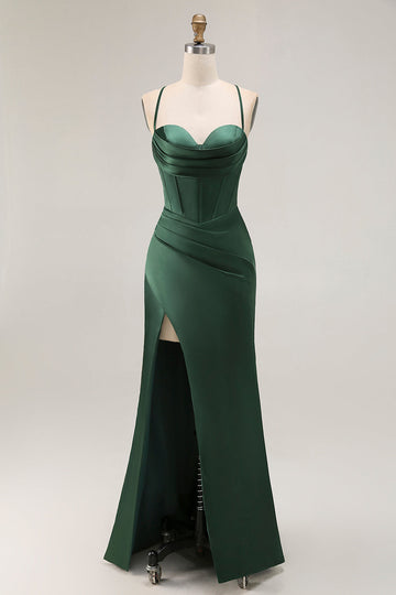 Dark Green Corset Satin Prom Dress With Slit